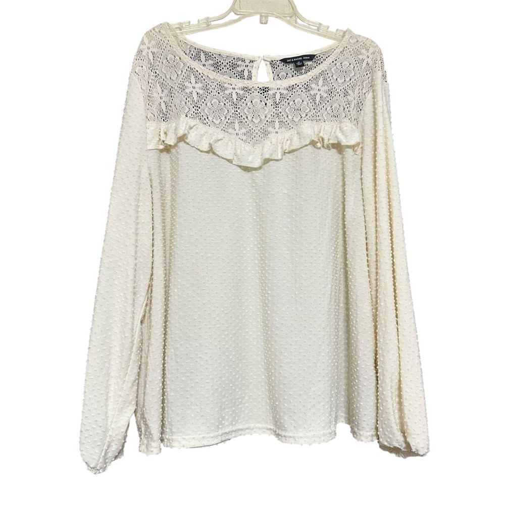 Zac & Rachel Womens Top 3X Ivory Plus Floral Crochet Swiss Dot Ruffle Blouse